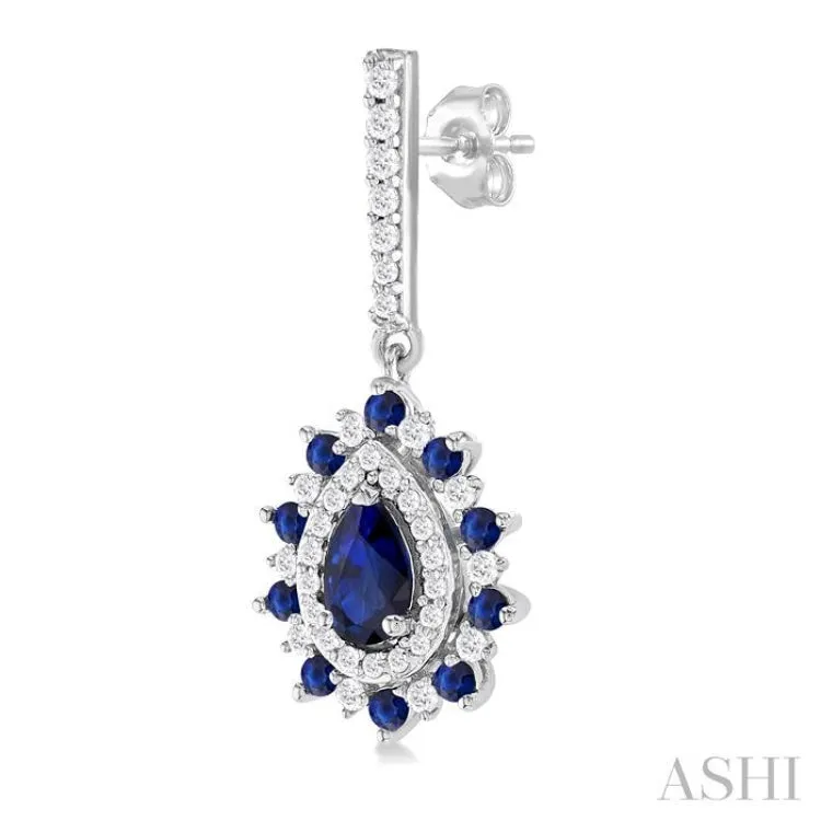 1/3 ctw 5X3MM & 1.45MM Sapphire and Round Cut Diamond Precious Earring in 14K White Gold