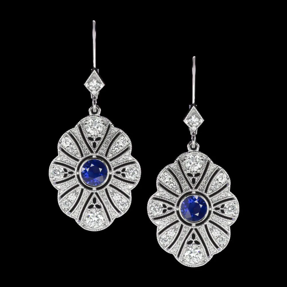 1.35ct SAPPHIRE DIAMOND DANGLE EARRINGS VINTAGE STYLE DROP WHITE GOLD ART DECO