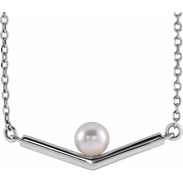 14K Gold Cultured White Akoya Pearl Chevron V Necklace