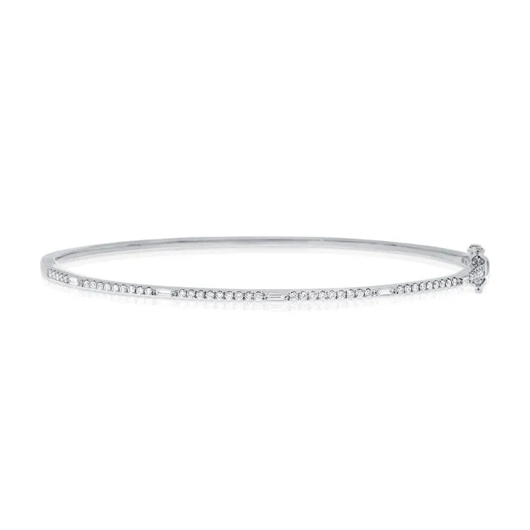 14K White Gold Round and Baguette Diamond Hinged Bangle