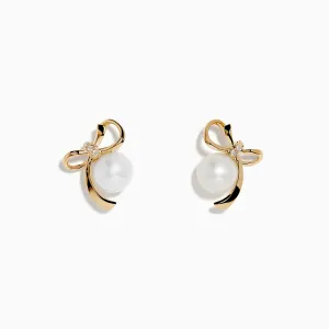 14K Yellow Gold Diamond Fresh Water Pearl Earrings