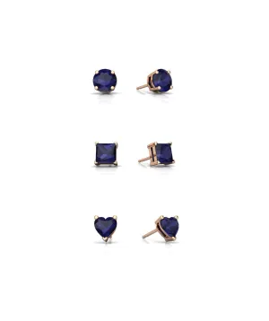 18k Rose Gold Plated 4mm Created Blue Sapphire 3 Pair Round, Square and Heart Stud Earrings