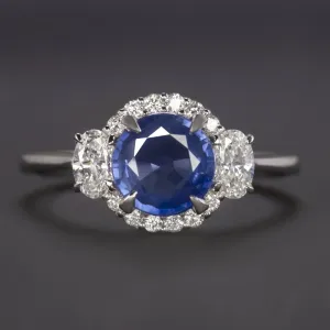 1.92ct SAPPHIRE DIAMOND COCKTAIL RING THREE STONE HALO WHITE GOLD ROUND NATURAL