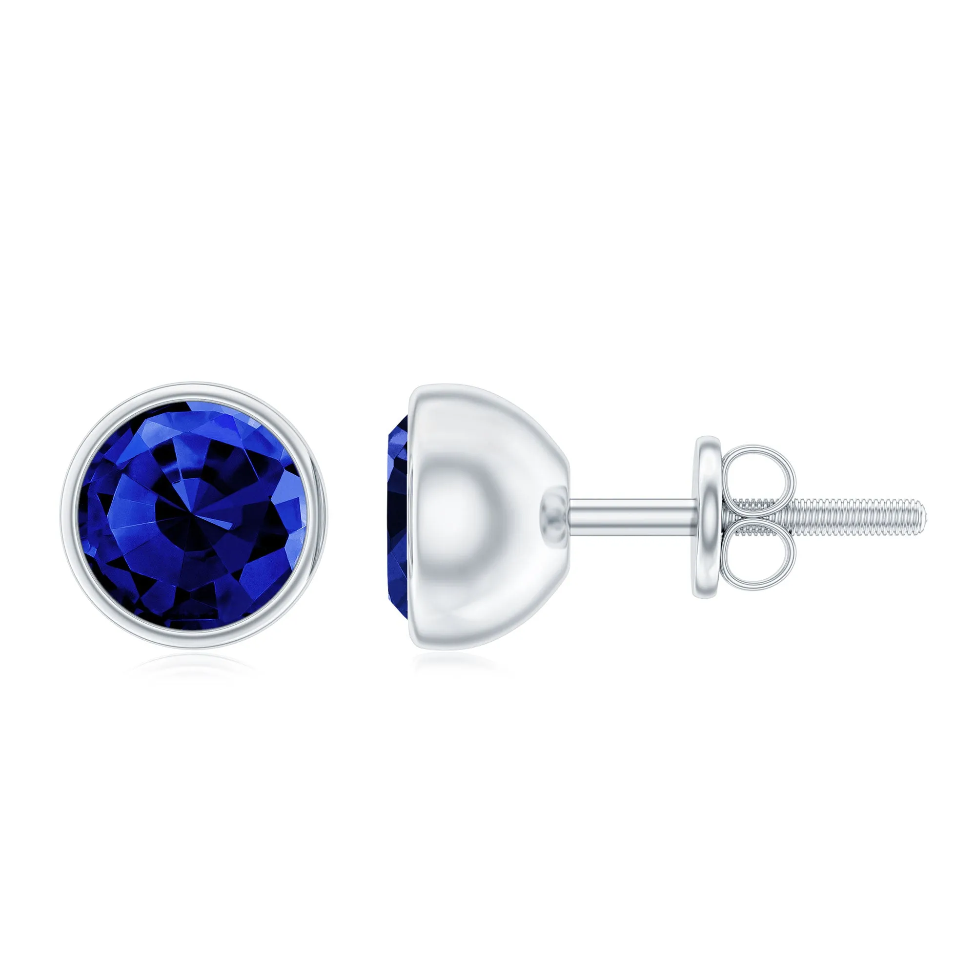 2 CT Round Created Blue Sapphire Solitaire Stud Earrings in Bezel Setting