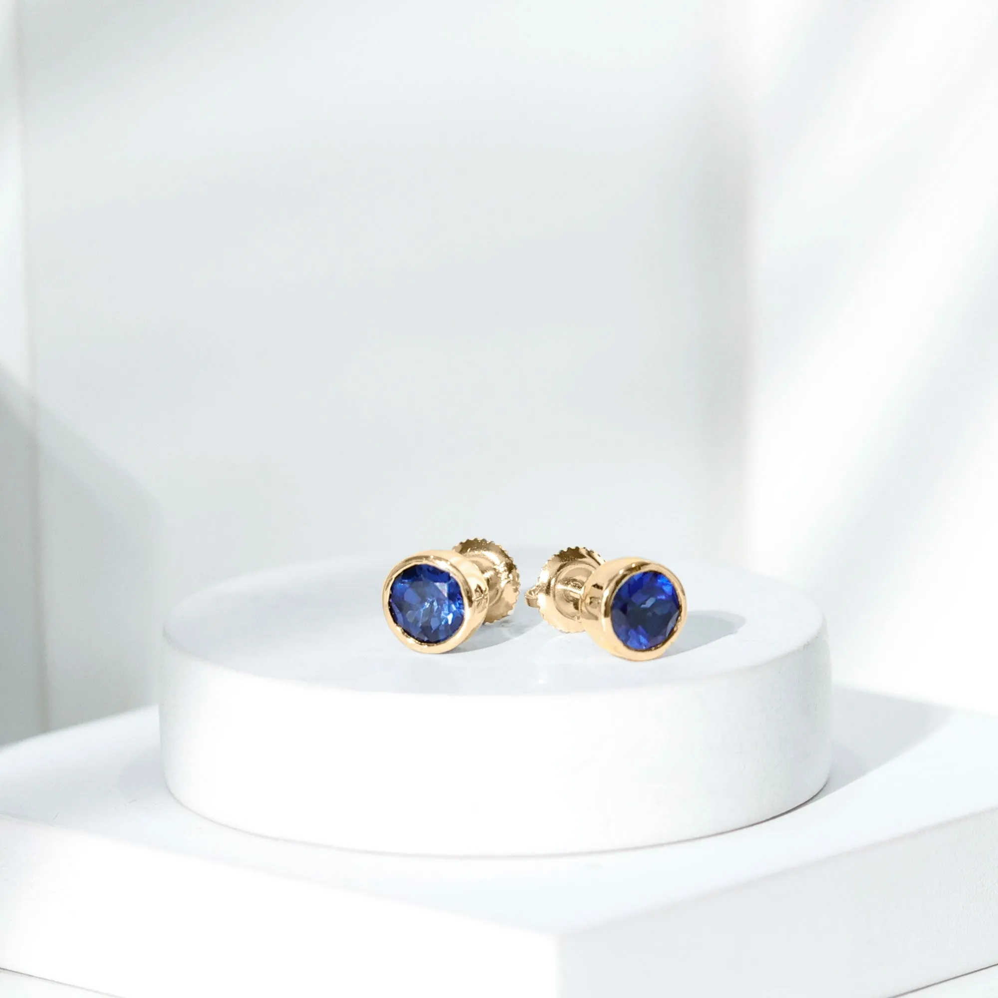 2 CT Round Created Blue Sapphire Solitaire Stud Earrings in Bezel Setting