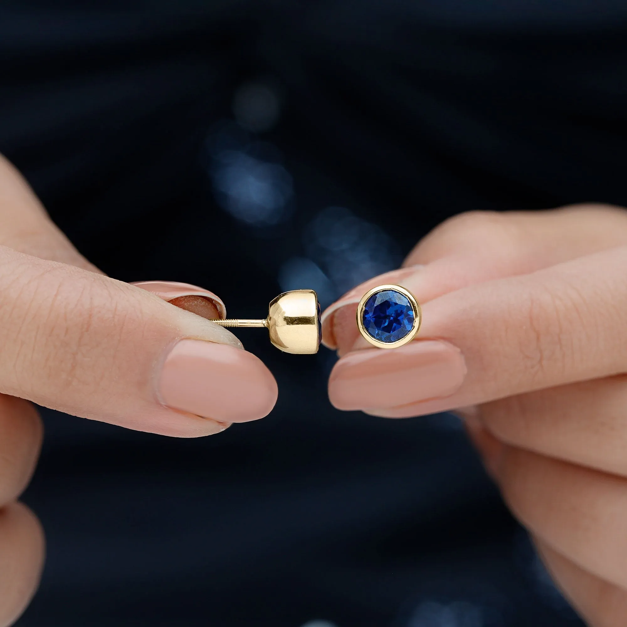 2 CT Round Created Blue Sapphire Solitaire Stud Earrings in Bezel Setting