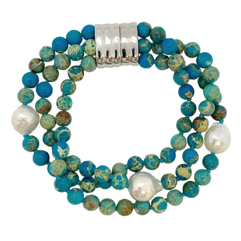 215-06 | 3-STRAND NATURAL JASPER & PEARL BRACELET