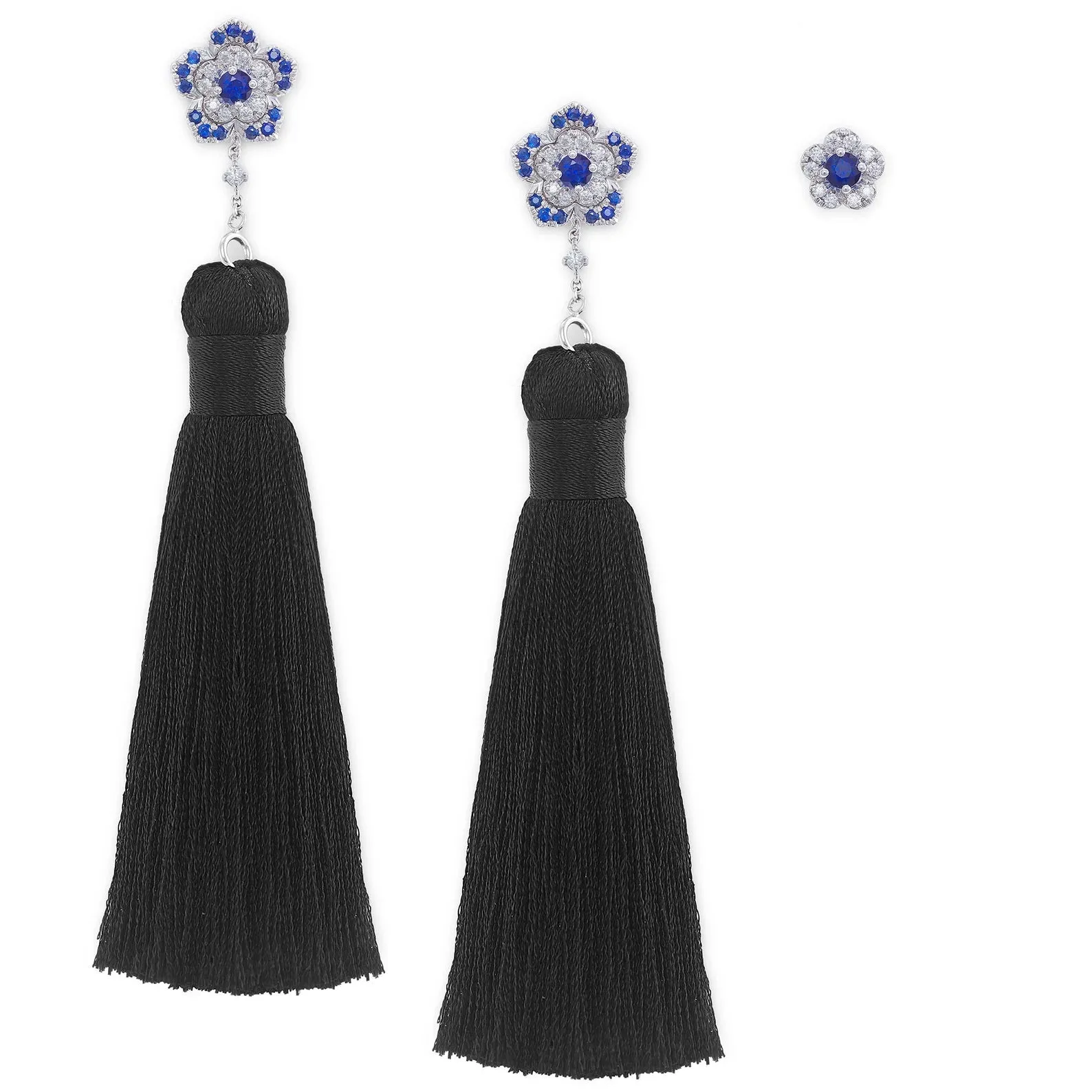 3-in-1 Blue Sapphire & Diamond Tassel Dangle Earrings in White Gold