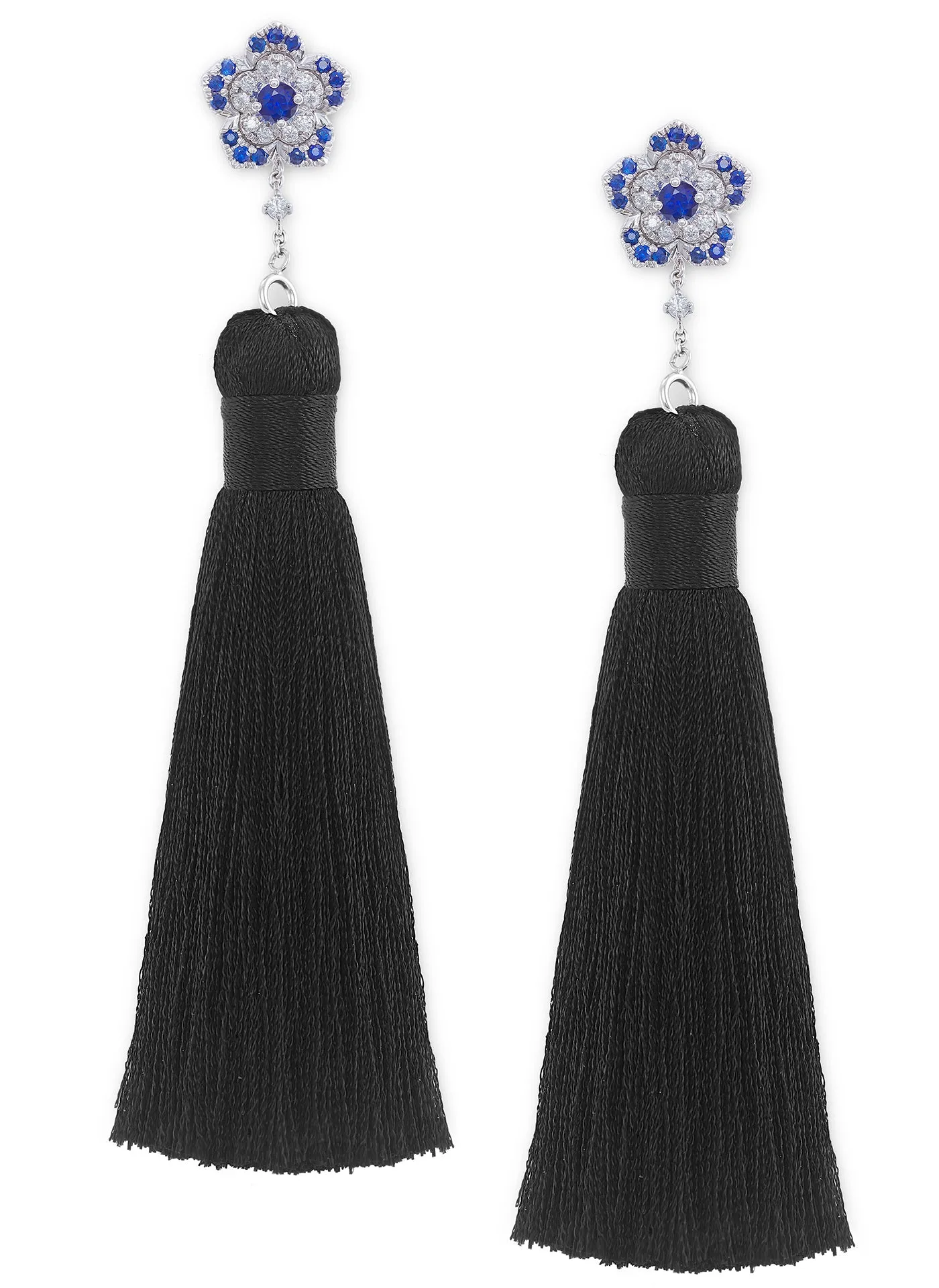 3-in-1 Blue Sapphire & Diamond Tassel Dangle Earrings in White Gold