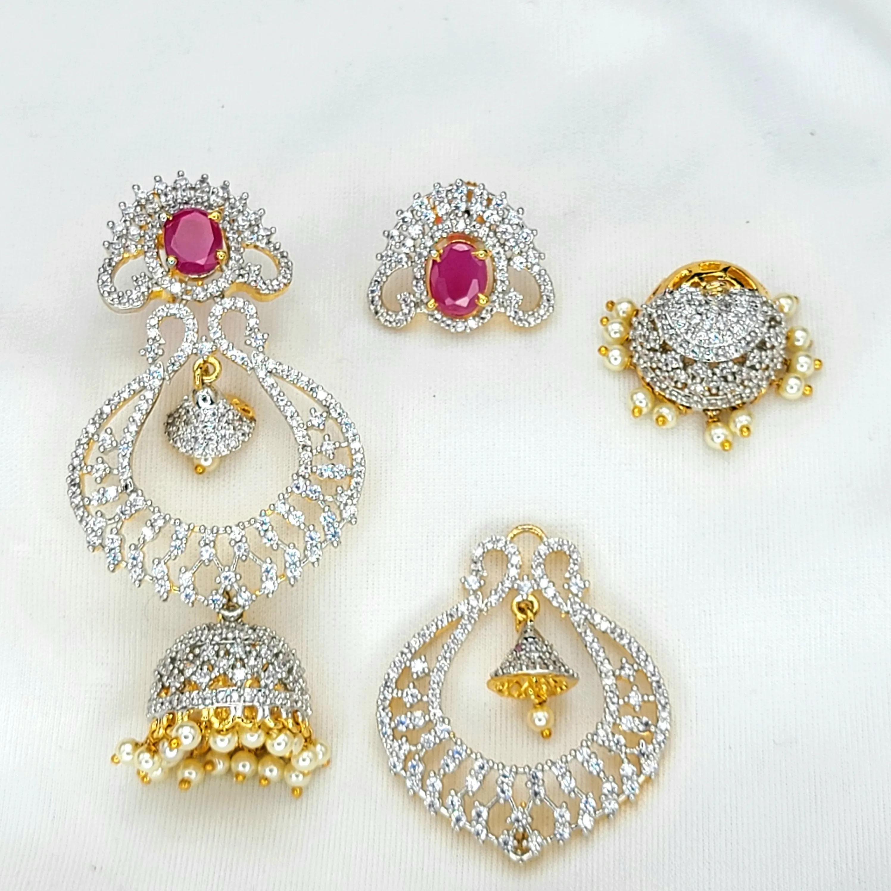 4-in-one Changeable Ruby & White AD Zircon Jhumka Earring