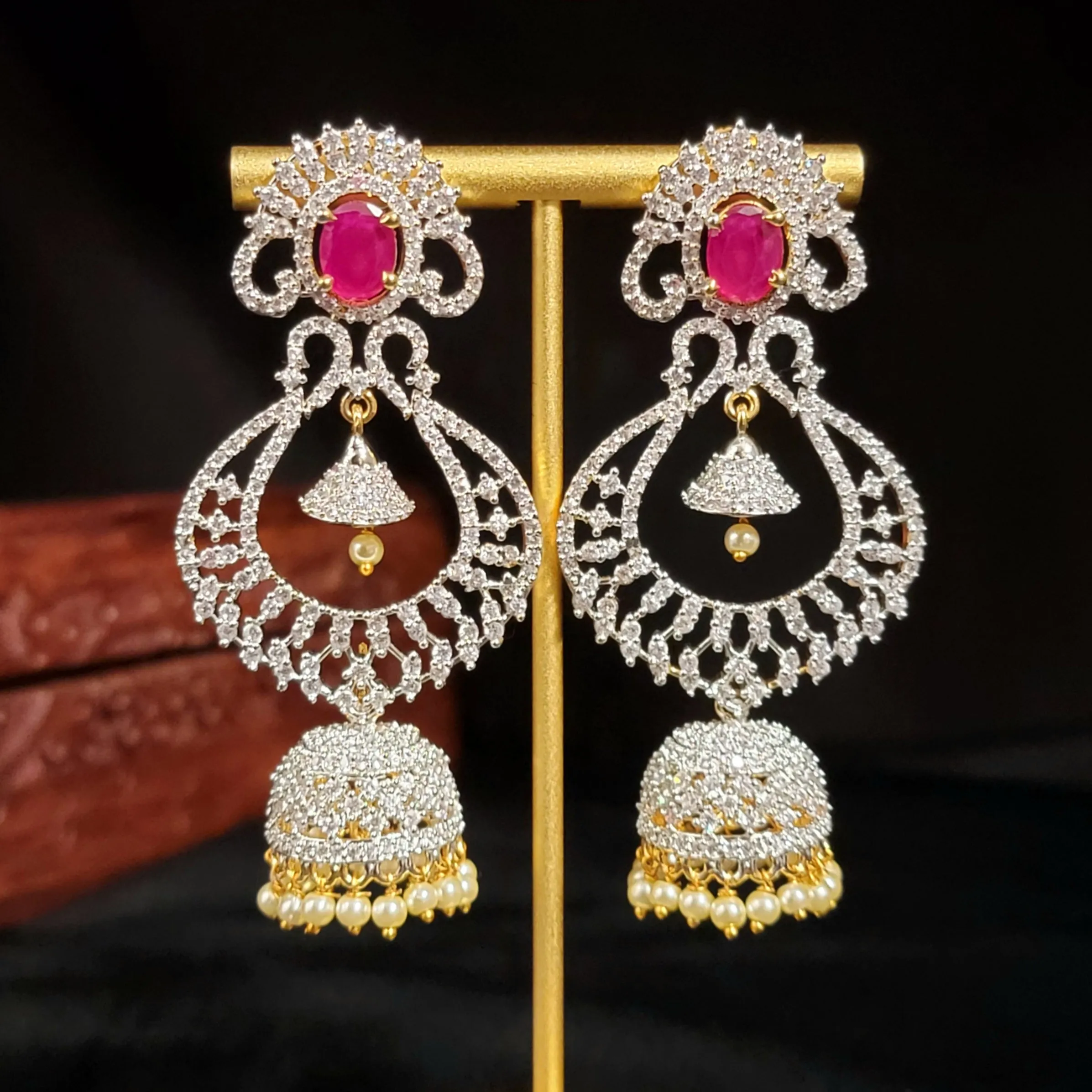 4-in-one Changeable Ruby & White AD Zircon Jhumka Earring