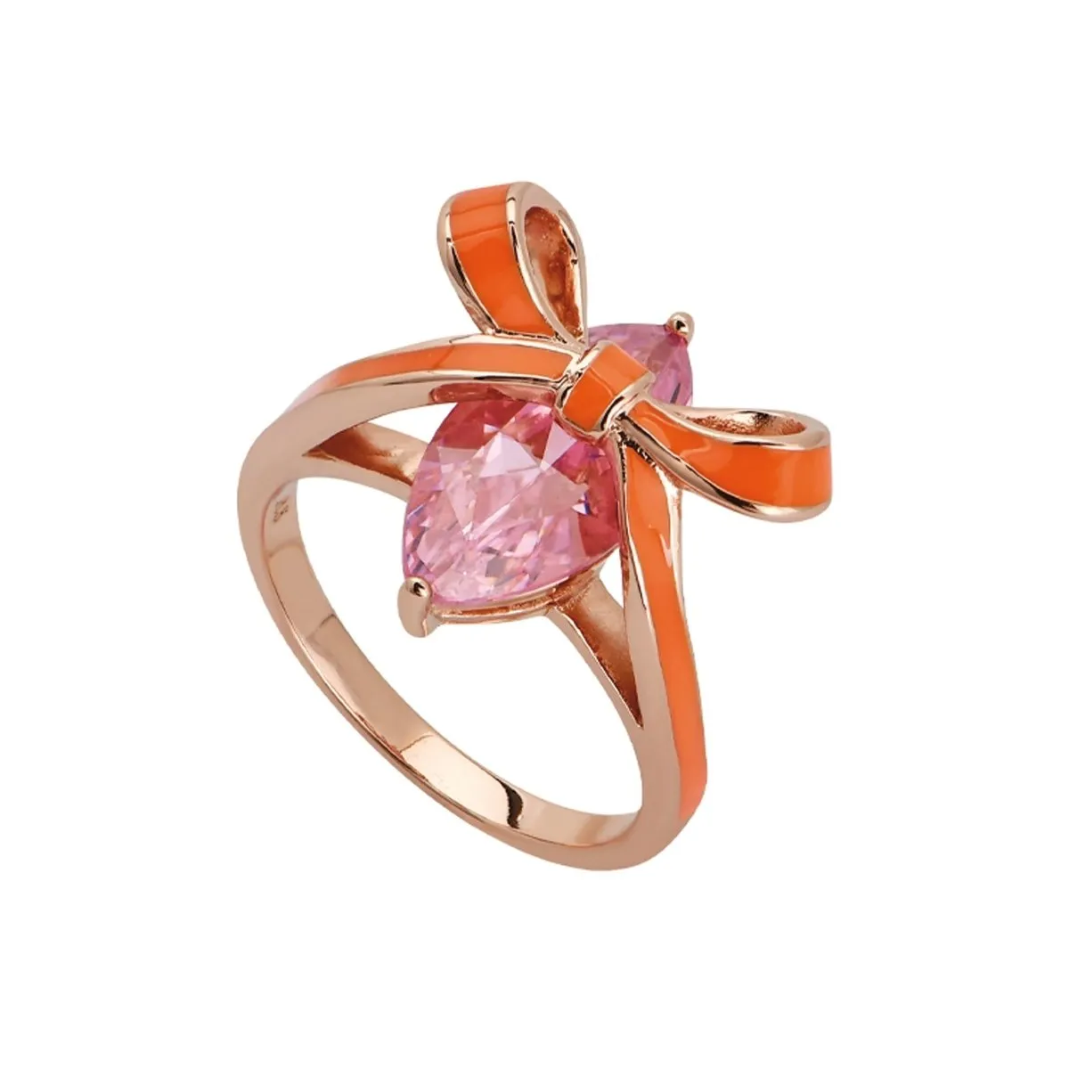 Amelia Bow Ring Coral Enamel, Pink CZ, Gold