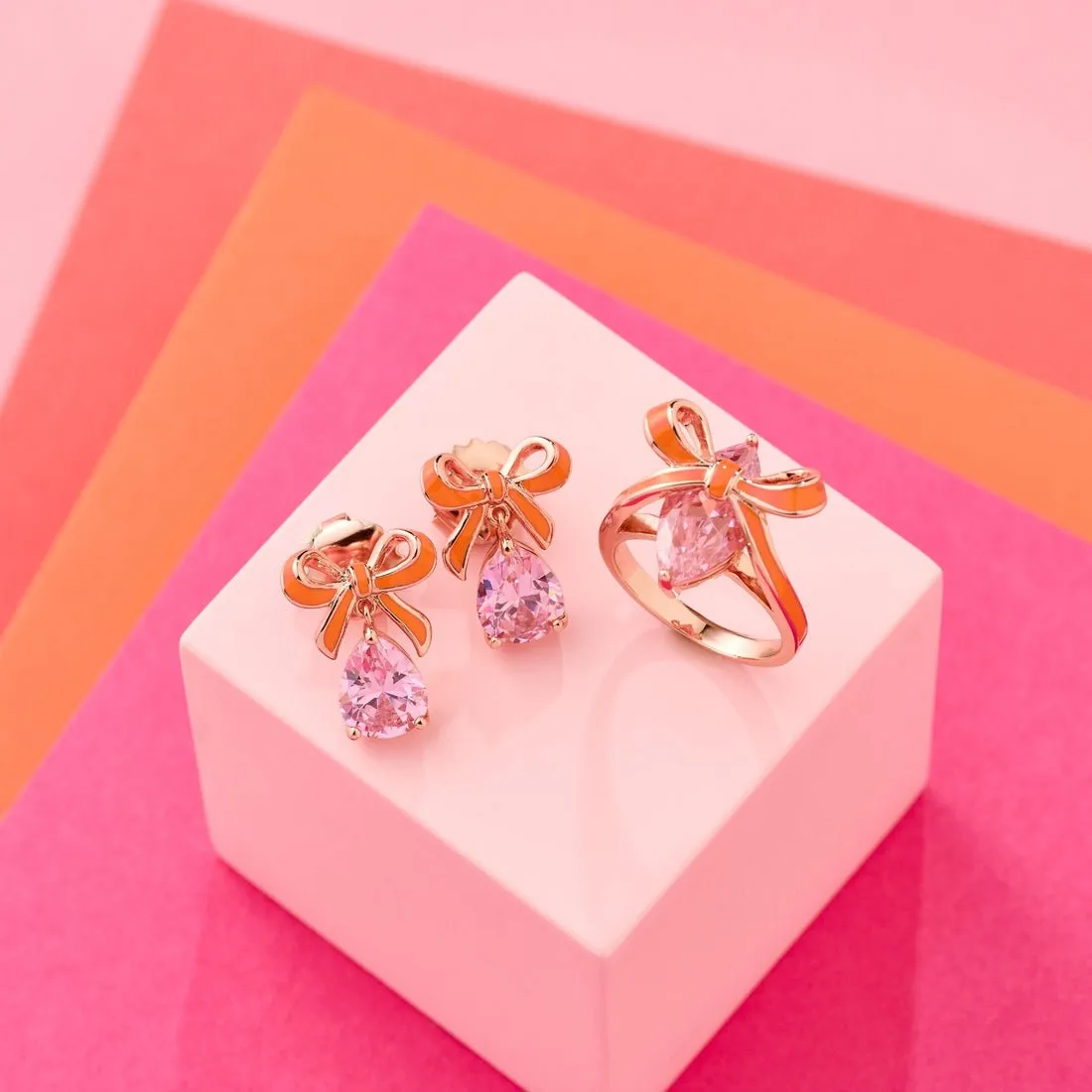 Amelia Bow Ring Coral Enamel, Pink CZ, Gold