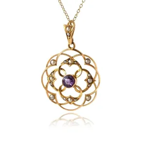 Antique Edwardian Amethyst & Pearl 9ct Gold Pendant Necklace