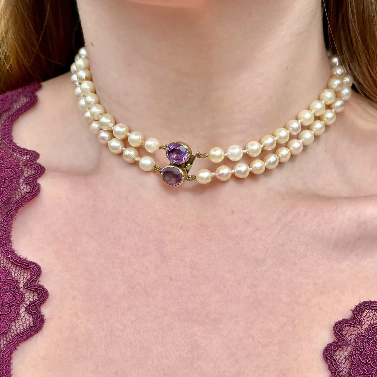 Antique Victorian Double Baroque Pearl Choker Necklace Amethyst Clasp