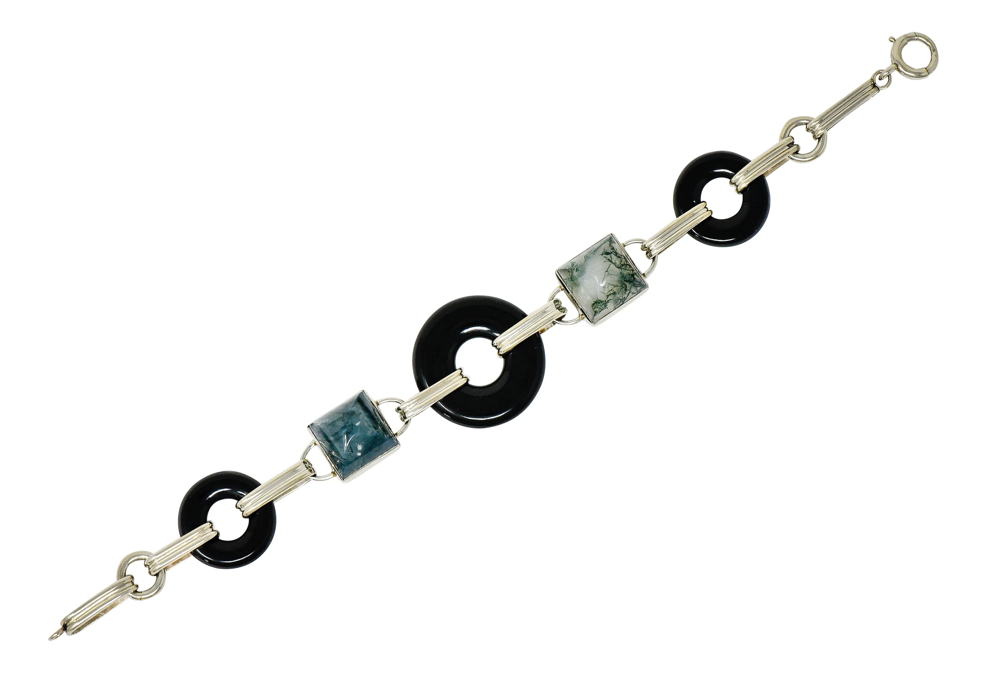 Art Deco Onyx Moss Agate 14 Karat Gold Link Bracelet Circa 1930