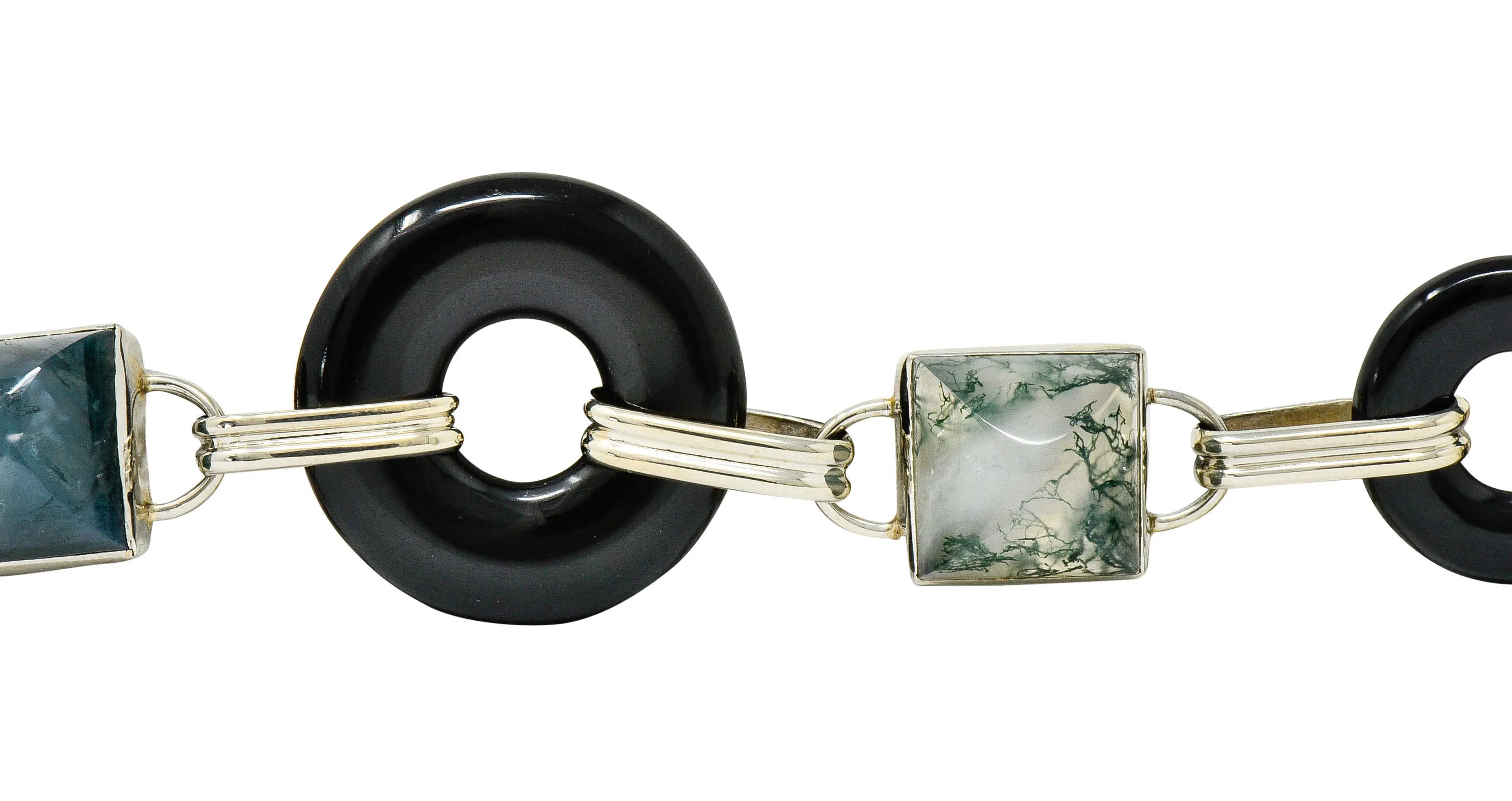 Art Deco Onyx Moss Agate 14 Karat Gold Link Bracelet Circa 1930