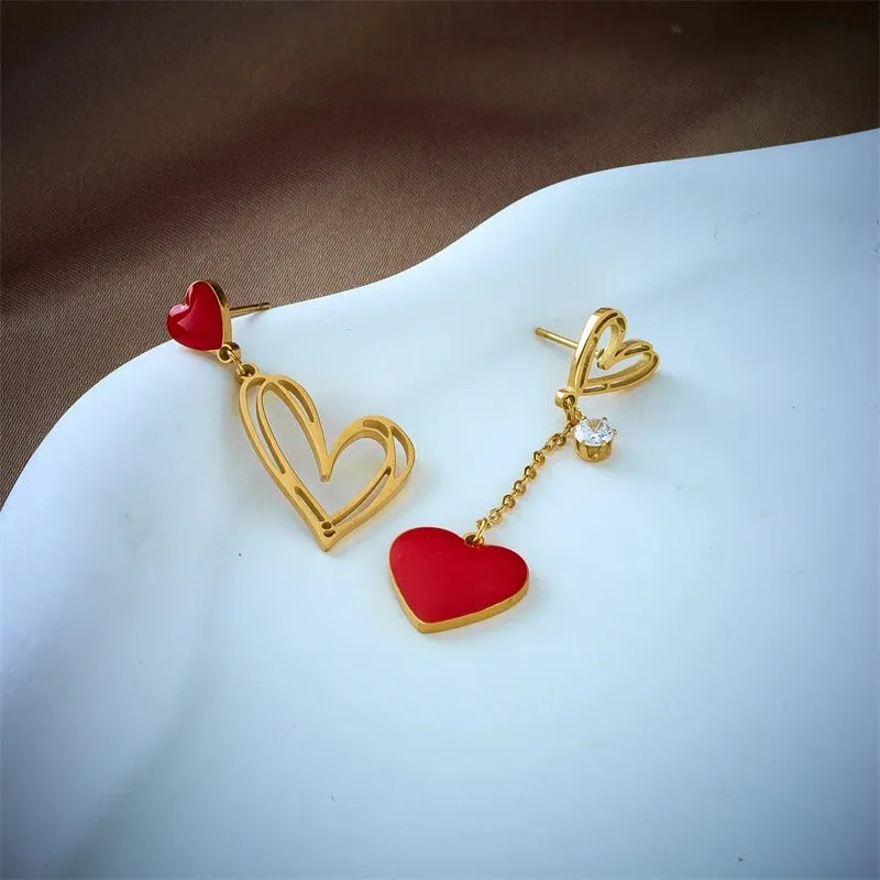 Asymmetric Red Heart Zircon Drop Earrings