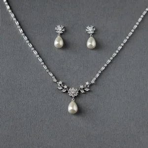 Baguette CZ Necklace Set with Ivory Teardrop Pearls