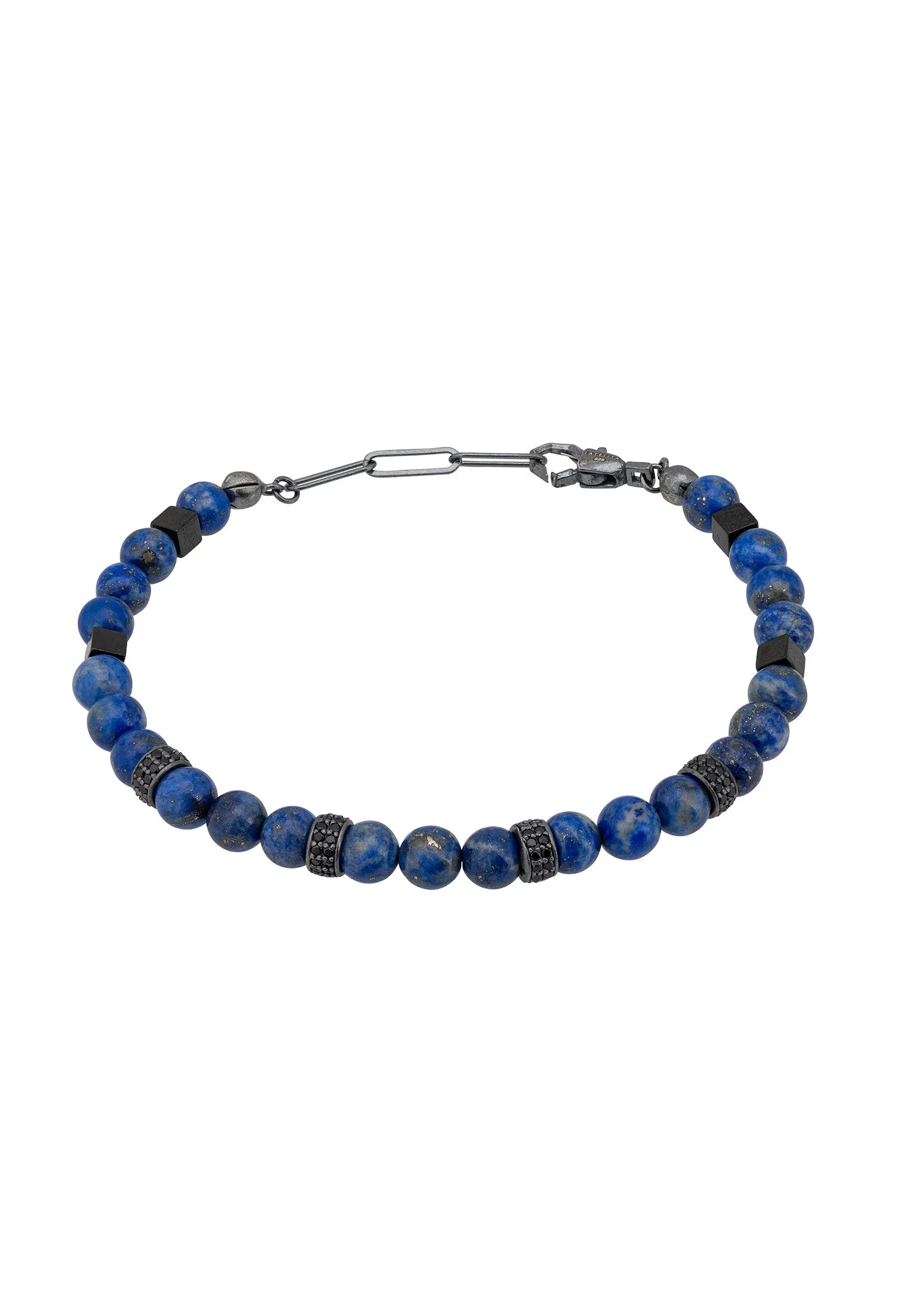 Beaded Bracelet Mens Lapis Lazuli Silver Oxidised