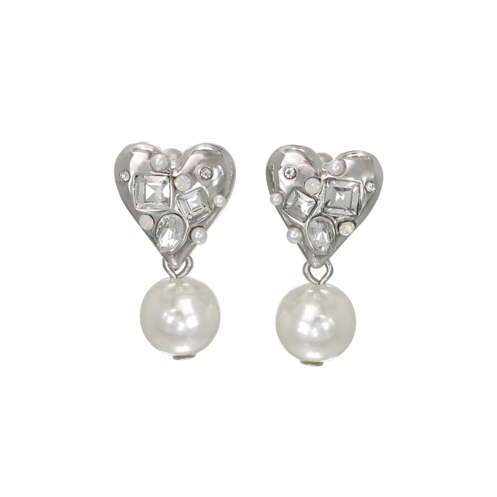 Beaded Heart and Drop Pearl Clip On Earrings