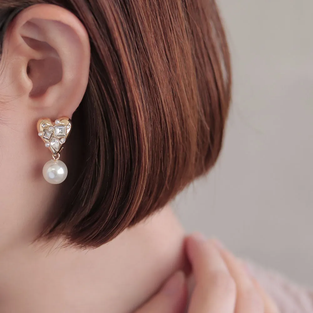 Beaded Heart and Drop Pearl Clip On Earrings