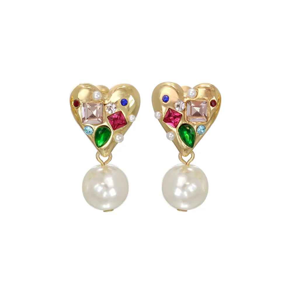 Beaded Heart and Drop Pearl Clip On Earrings