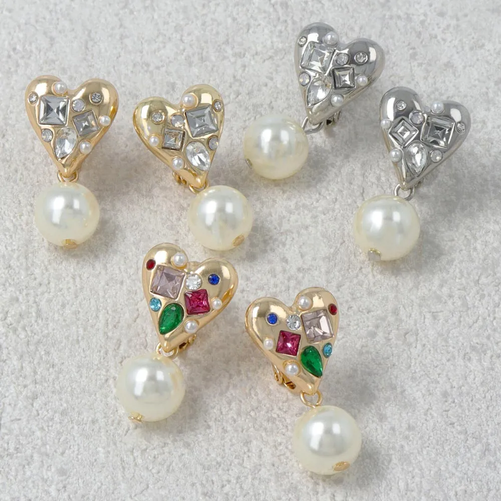 Beaded Heart and Drop Pearl Clip On Earrings