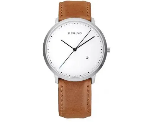 Bering Unisex Watch, Classic Collection, Silver Case, White Dial, Brown Leather Strap