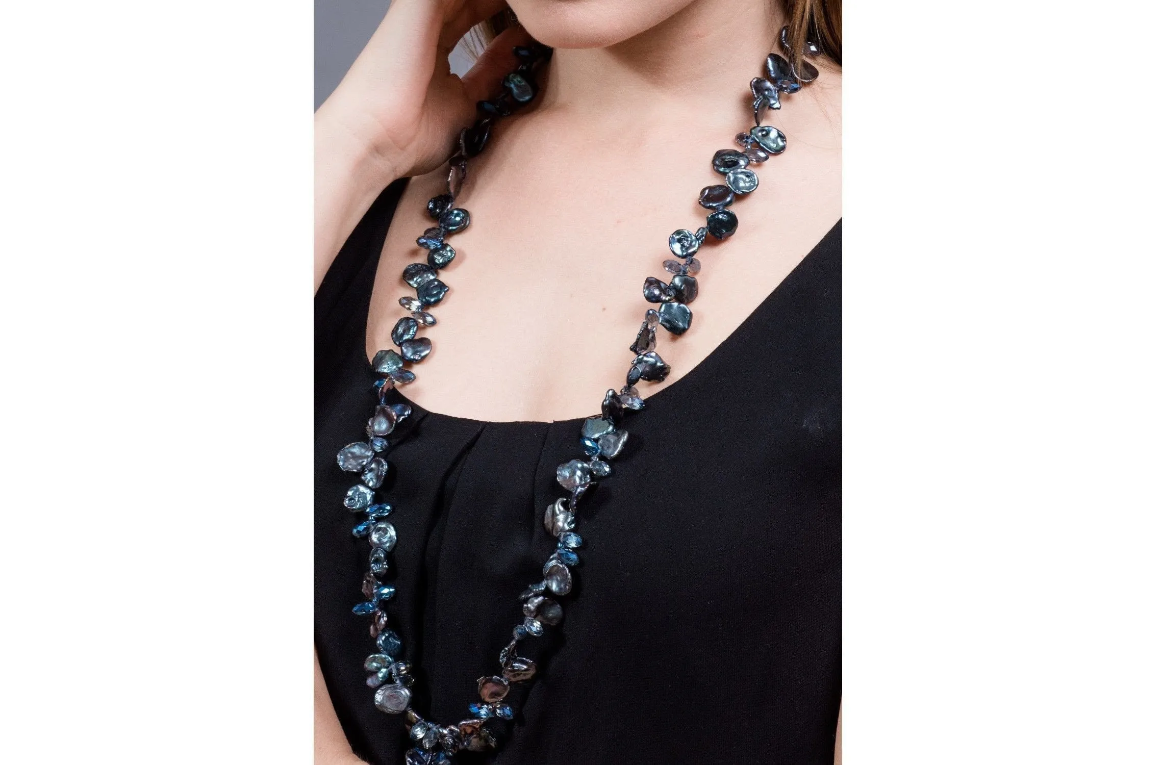 Blue Freshwater Keshi Pearl and Crystal Long Necklace