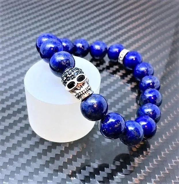 Blue Lapis Lazuli and Pave Skull Bracelet