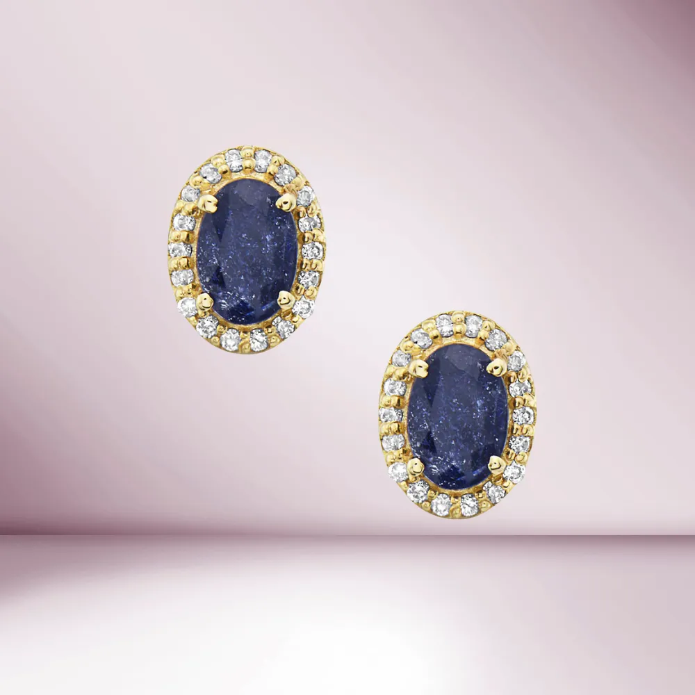 Blue Sapphire Oval Shape Halo Diamonds Studs Earrings (1.60 ct.) in 14K Gold