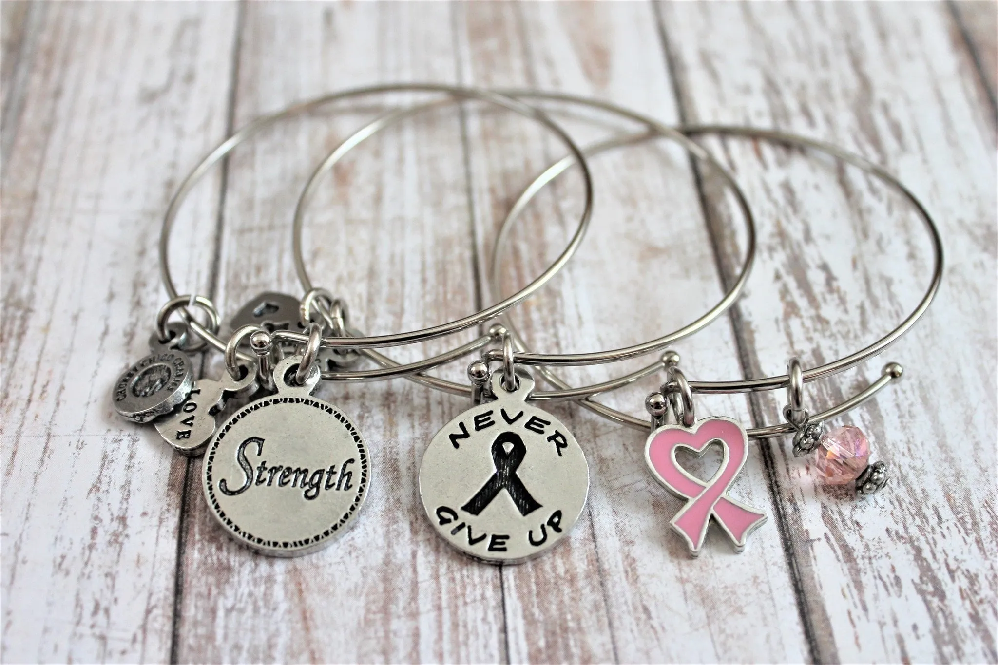 Breast Cancer Awareness Ribbon Never Give Up Strength Trio Expandable Bangle Bracelet Set