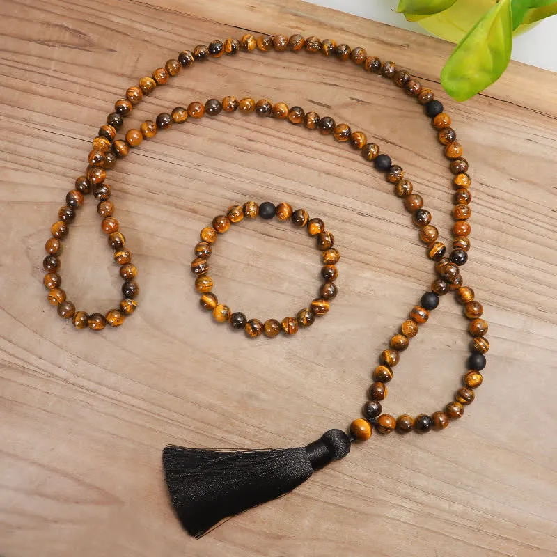 Buddha Stones 108 Beads Mala Tiger Eye Protection Tassel Bracelet