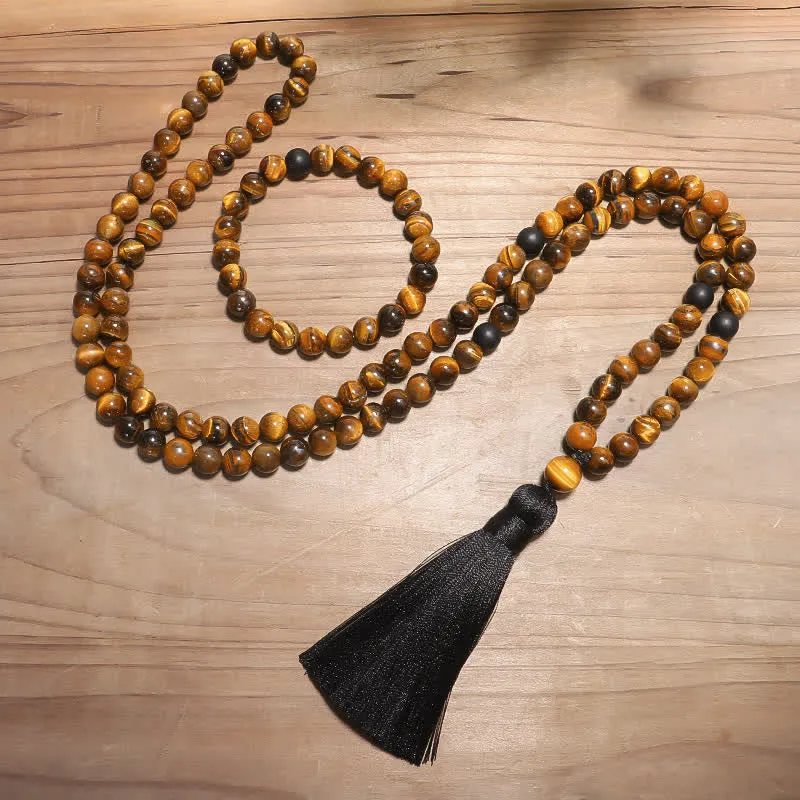 Buddha Stones 108 Beads Mala Tiger Eye Protection Tassel Bracelet