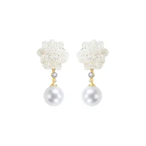 Camellia Pearl Drop Gold Earrings