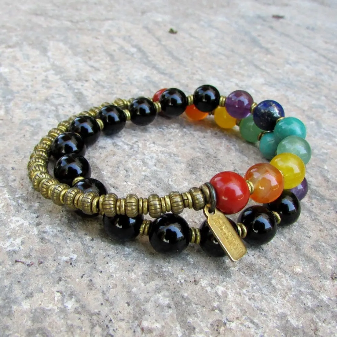 Chakra, Onyx and Chakra Gemstones 27 Bead Wrap Mala Bracelet