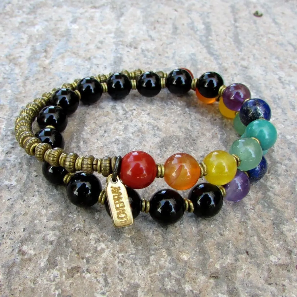 Chakra, Onyx and Chakra Gemstones 27 Bead Wrap Mala Bracelet