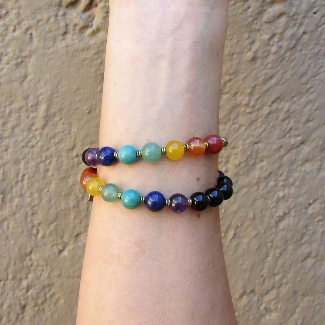 Chakra, Onyx and Chakra Gemstones 27 Bead Wrap Mala Bracelet