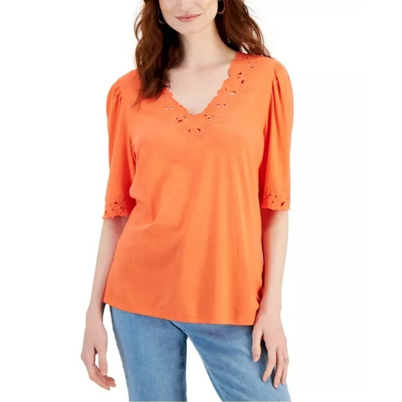 Charter Club Crochet-trim Cotton Top In Hot Coral PL