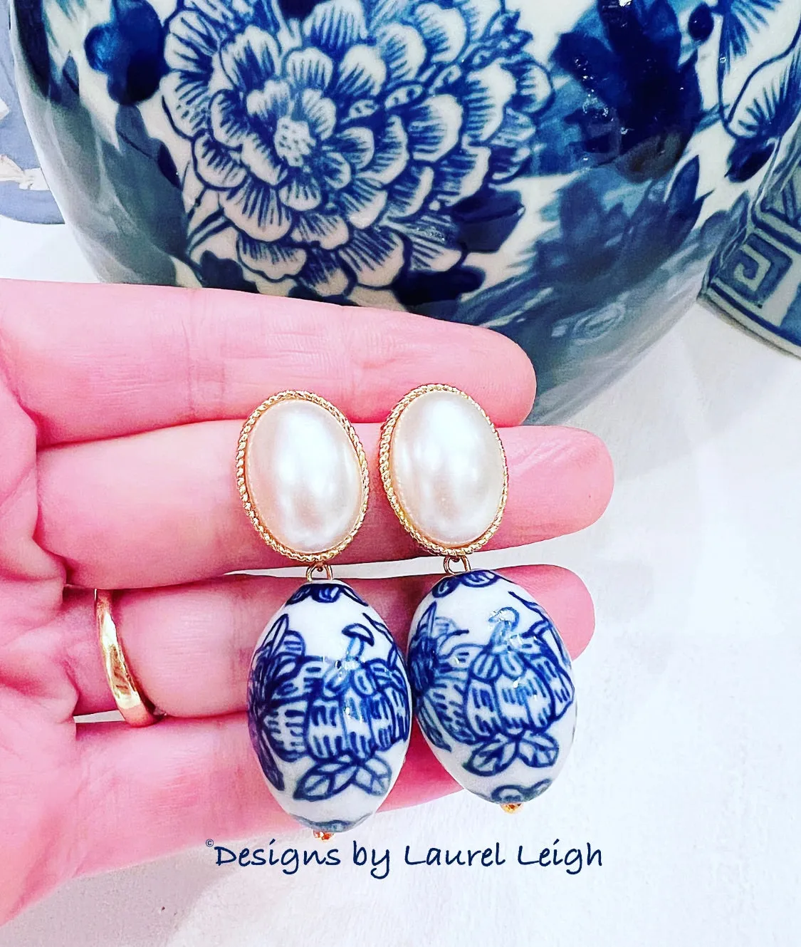 Chinoiserie Oval Pearl Earrings