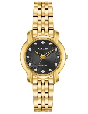 Citizen Ladies Eco-Drive Jolie Watch - Gold-Tone - Diamonds - Black Dial