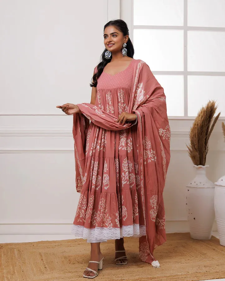 Coral Mul-Mul Hand Block Printed Anarkali Set With Dupatta