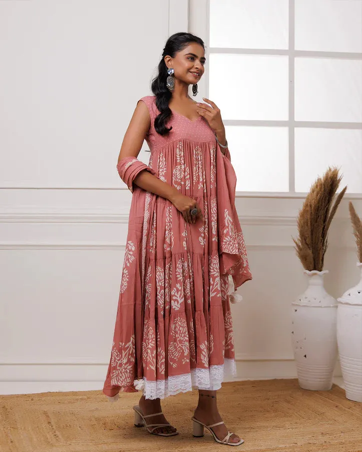 Coral Mul-Mul Hand Block Printed Anarkali Set With Dupatta