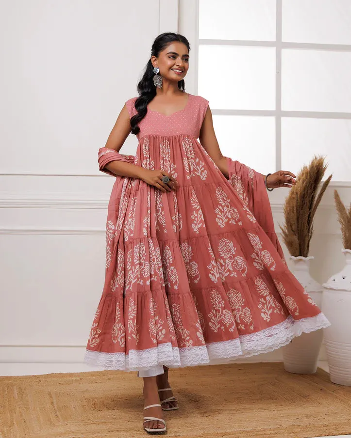 Coral Mul-Mul Hand Block Printed Anarkali Set With Dupatta