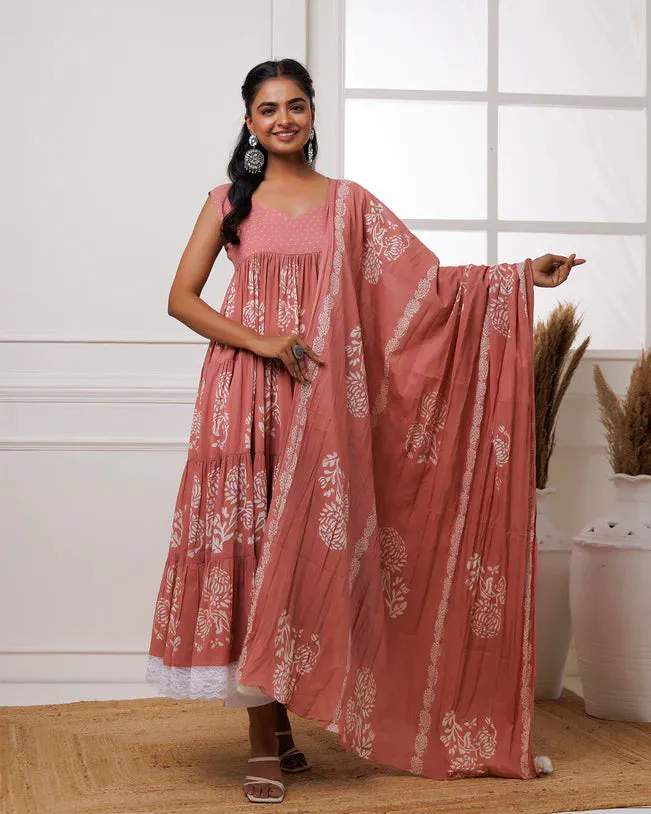 Coral Mul-Mul Hand Block Printed Anarkali Set With Dupatta