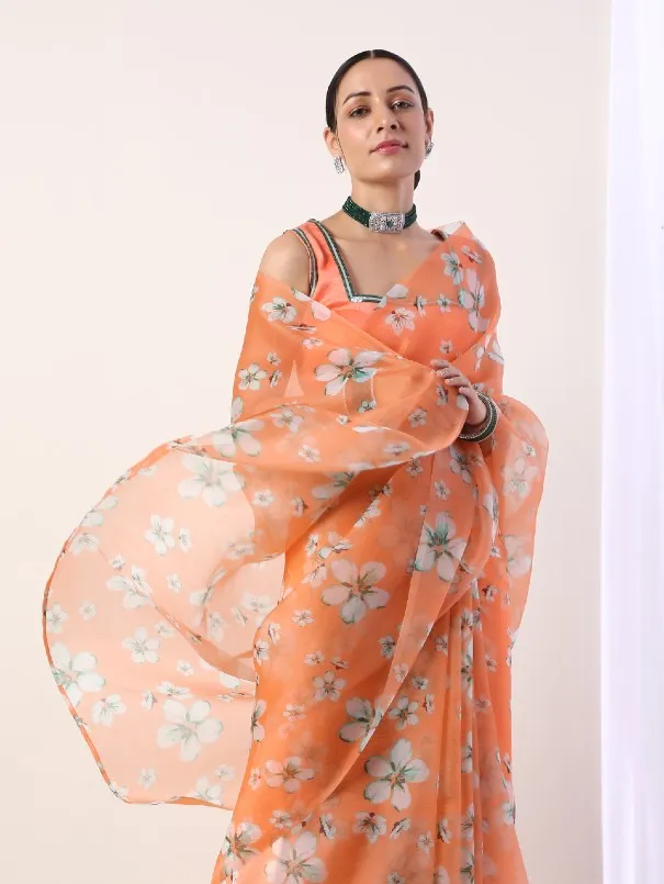 Coral Printed Organza Saree With Coral Blouse (Set of 2)