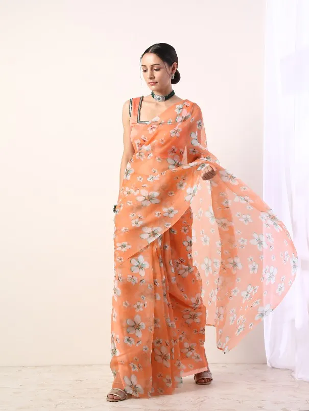 Coral Printed Organza Saree With Coral Blouse (Set of 2)