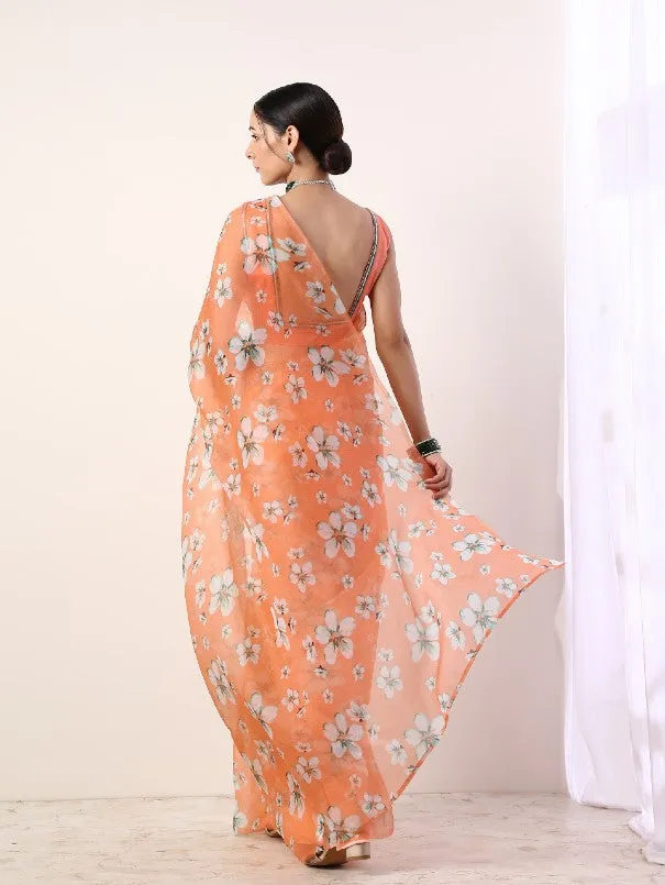 Coral Printed Organza Saree With Coral Blouse (Set of 2)