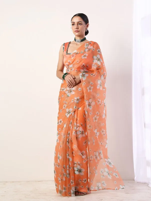 Coral Printed Organza Saree With Coral Blouse (Set of 2)